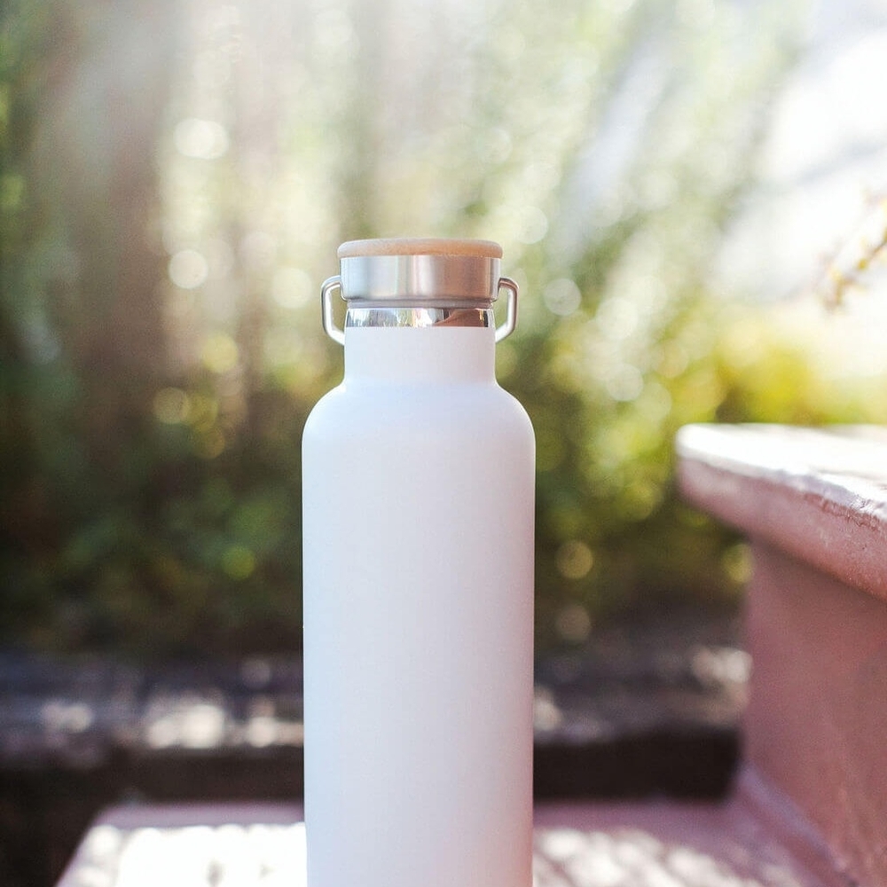 Stainless Steel Water Bottle White w/bamboo cap & carrying ring